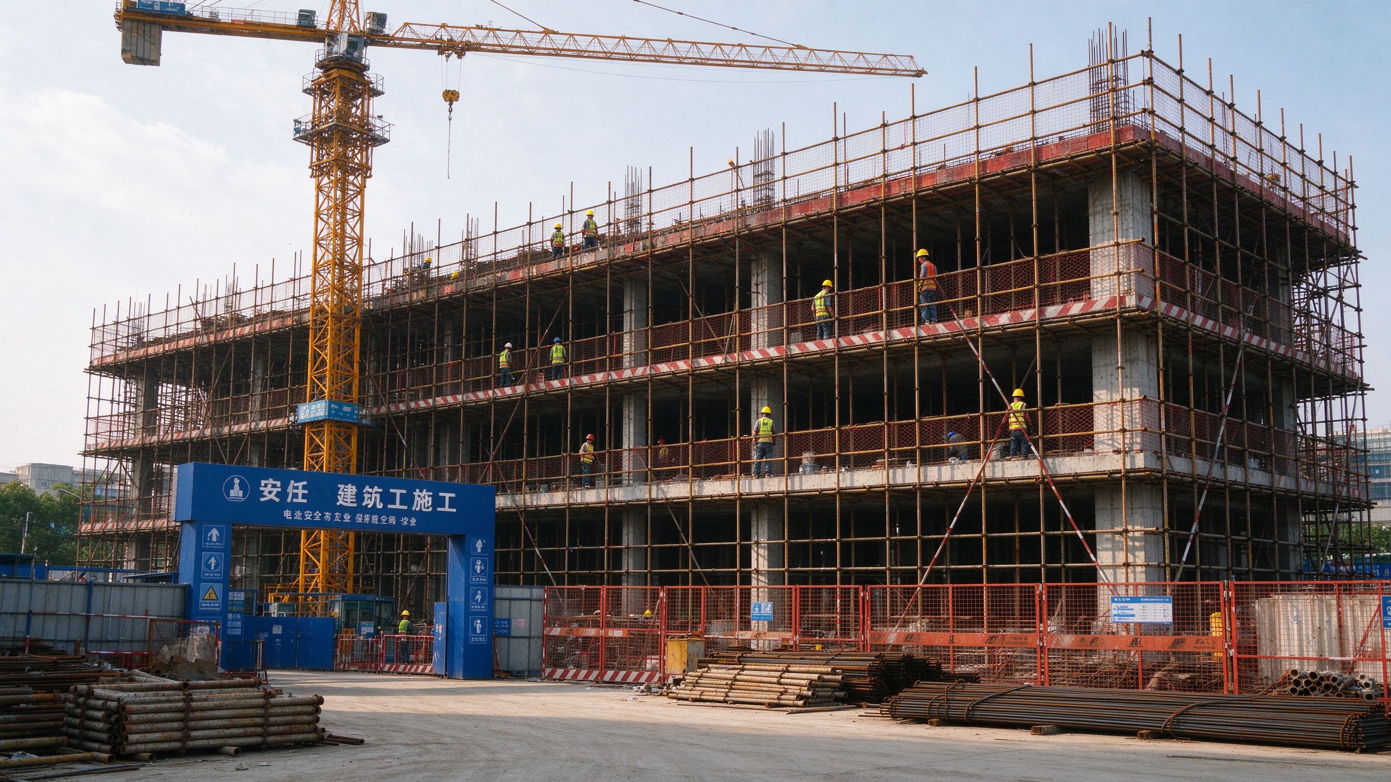 建筑企业施工现场塔吊脚手架工人作业