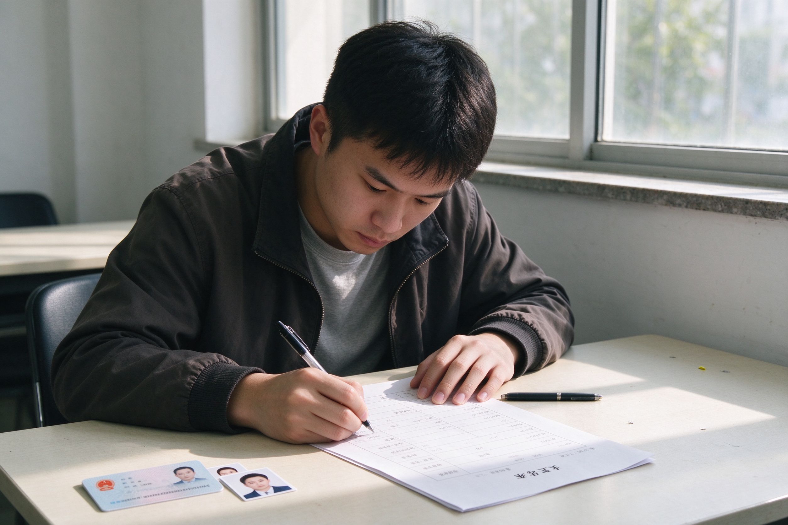 学员伏案填写报名表格桌上放着身份证照片