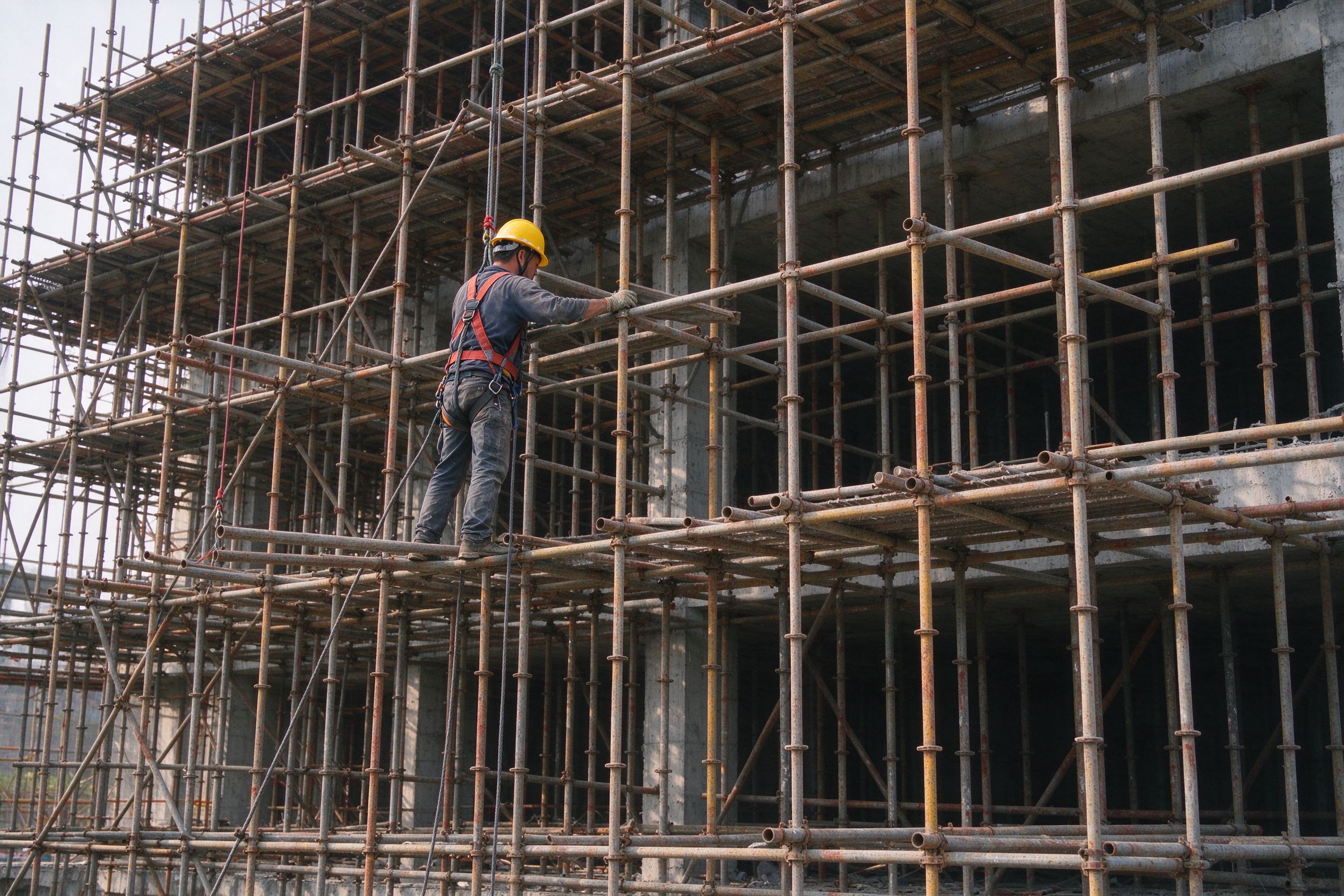 在建楼体外架上架子工系安全绳搭横杆