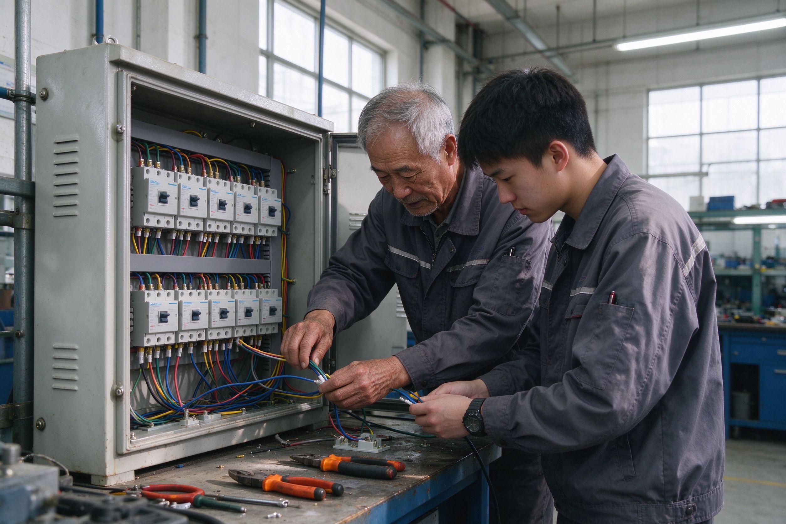 实操车间里老师傅指导学员练习焊接